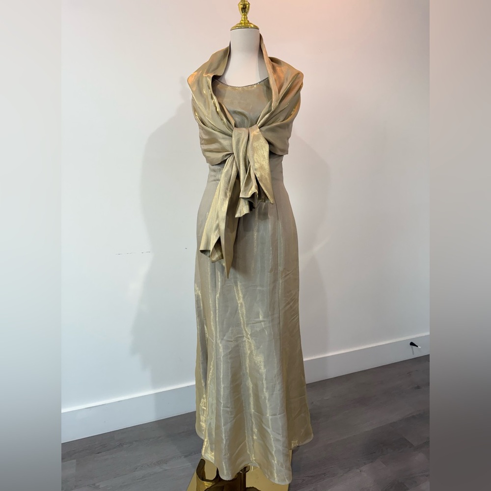 Jessica McClintock Elegant Gold Maxi Dress with Wrap
